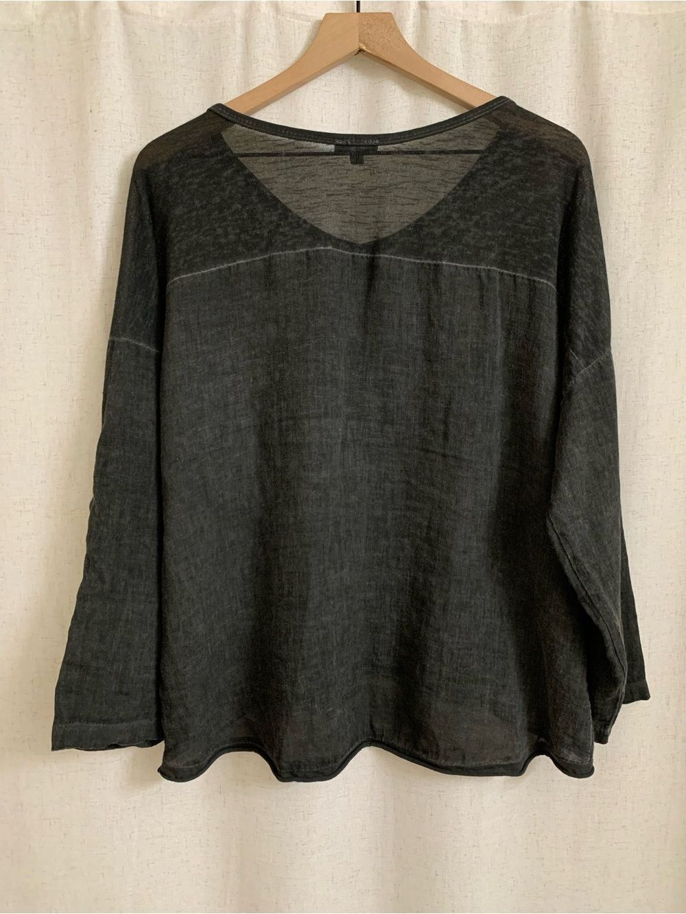 KAKTUS Italy 100% Linen Panel Washed Black V-Neck Top Lagenlook Large Roll Up - Picture 7 of 10